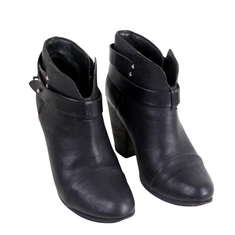 rag & bone NY BLACK GENUINE LEATHER HIGH HEEL ROUND TOE BELTED ANKLE BOOTS Sz 37 - Picture 1 of 9
